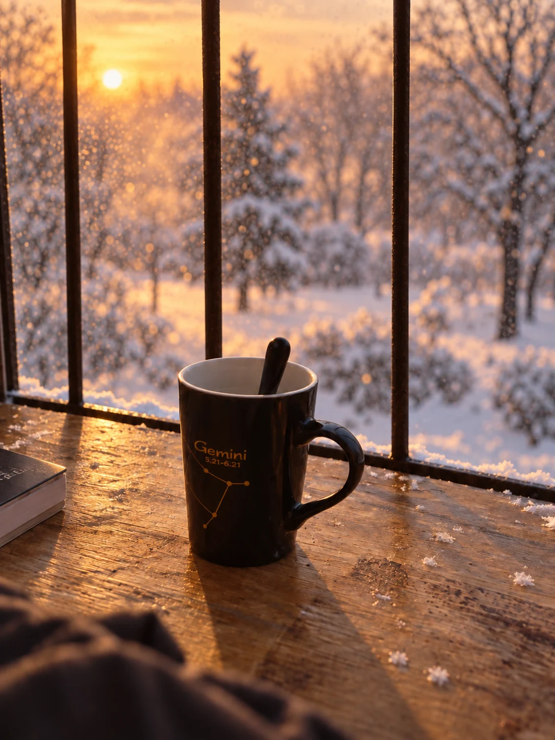 夕阳下，积雪的窗台上放着一只黑色杯子，窗外是冬日雪景